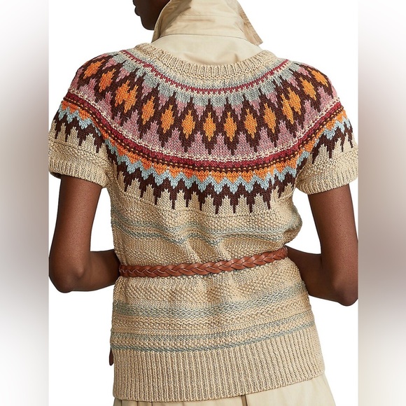 Polo Ralph Lauren Jacquard Short Sleeve Sweater Tan Multi Size XS - Picture 3 of 8